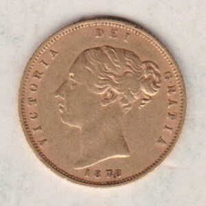 1878 Gold Half Sovereign Coin featuring Queen Victoria Young Head on the Obverse and the shield design on the Reverse with die number 24.