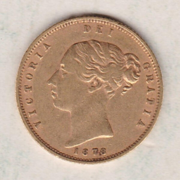 1878 Gold Half Sovereign Coin featuring Queen Victoria Young Head on the Obverse and the shield design on the Reverse with die number 24.