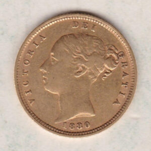 1880 Gold Half Sovereign Coin featuring Queen Victoria Young Head on the Obverse and the shield design on the Reverse with no die number.