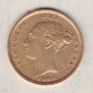 1883 Gold Half Sovereign Coin featuring Queen Victoria Young Head on the Obverse and the shield design on the Reverse. VF condition.