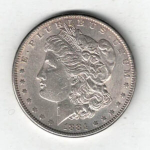 1884 Silver USA Morgan Dollar coin featuring lady liberty on the obverse. The eagle holding arrows and an olive branch on the reverse.