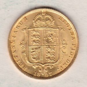 1887 Gold Half Sovereign Coin featuring Queen Victoria Jubilee Head on the Obverse and the shield design on the Reverse in high grade.