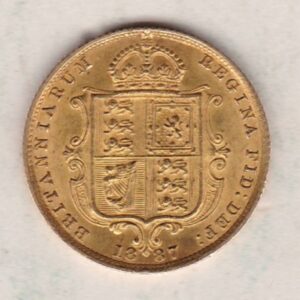 1887 Gold Half Sovereign Coin featuring Queen Victoria Jubilee Head on the Obverse and the shield design on the Reverse in EF condition.