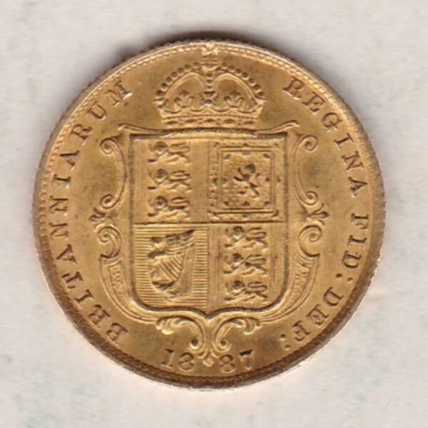 1887 Gold Half Sovereign Coin featuring Queen Victoria Jubilee Head on the Obverse and the shield design on the Reverse in EF condition.
