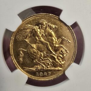 1887 M Gold Sovereign Coin featuring Queen Victoria Young Head on the Obverse and St George & the Dragon on the Reverse. Melbourne Mint.