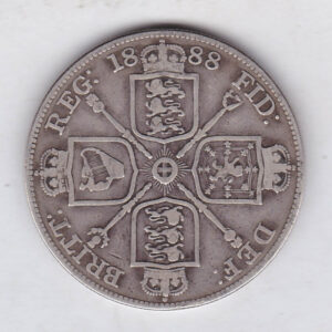 1888 inverted 1 silver double florin coin featuring the Queen Victoria Jubilee Head obverse. The Garter star and four sceptres in the angles on the Reverse.