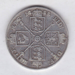 1888 silver double florin coin featuring the Queen Victoria Jubilee Head obverse. The Garter star and four sceptres in the angles on the Reverse.