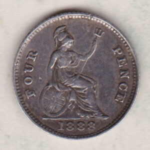 1888 Silver Fourpence Groat coin featuring a young head Queen Victoria on the Obverse. The Britannia, denomination and date are on the reverse.
