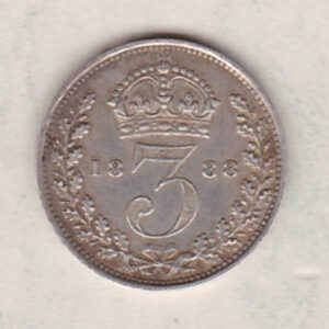 1888 Silver Threepence coin featuring the portrait of Queen Victoria on the Obverse. The Reverse features a crowned denomination dividing the date.