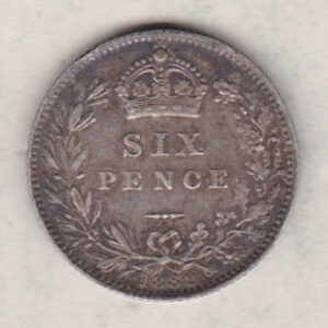 1889 Silver Sixpence coin featuring Queen Victoria on the Obverse. The Reverse features a crowned denomination within wreath.