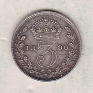 1890 Silver Threepence coin featuring the portrait of Queen Victoria on the Obverse. The Reverse features a crowned denomination dividing the date.