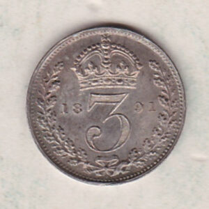 1891 Silver Threepence coin featuring the portrait of Queen Victoria on the Obverse. The Reverse features a crowned denomination dividing the date.