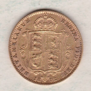 1892 Gold Half Sovereign Coin featuring Queen Victoria Jubilee Head on the Obverse and the shield design on the Reverse in good very fine condition.
