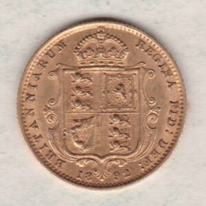 1892 Gold Half Sovereign Coin featuring Queen Victoria Jubilee Head on the Obverse and the shield design on the Reverse in extremely fine condition.