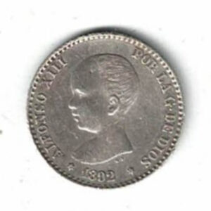 1892 P G M Spain Silver Fifty Centimos Coin. The obverse features the bust of Alfonso XIII facing left. The reverse features the crowned coat a