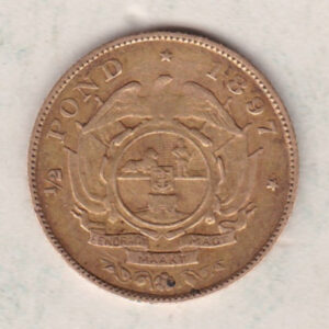 1897 South Africa Gold Half Pond coin featuring Paul Kruger on the Obverse. The Arms of the South African Republic on the reverse.