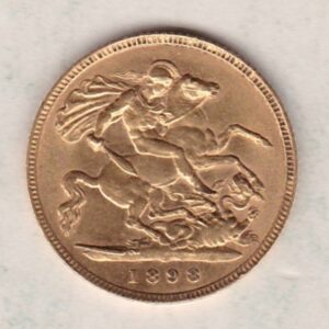 1898 Gold Half Sovereign Coin featuring Queen Victoria Old Head on the Obverse and George & the Dragon on the Reverse in a plastic coin envelope.