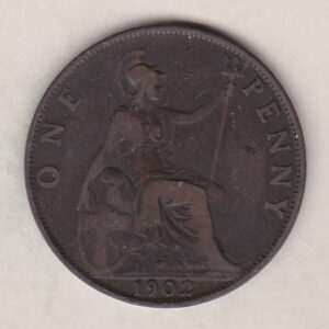 1902 Low Tide Bronze Penny coin. The obverse features the portrait of King Edward VII. The coin depicts Britannia seated to the right on the Reverse.