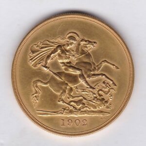 1902 Matt Proof gold five pounds struck in 22 carat gold. The obverse features the portrait of King Edward VII. The reverse depicts St George & the dragon.