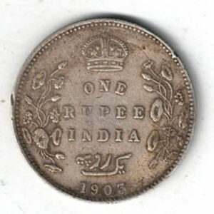 1903 India Silver One Rupee Coin. The obverse features Edward VII The reverse has the denomination and date with lotus flowers.