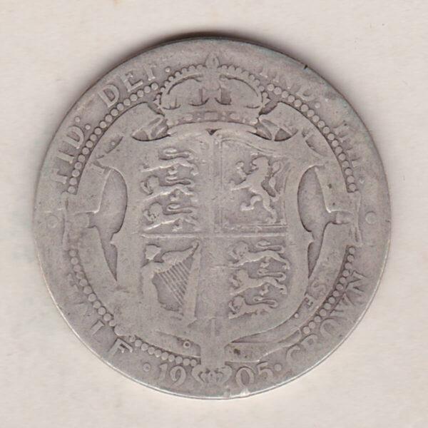 1905 Silver Halfcrown coin featuring king Edward VII on the Obverse. The Reverse features a crowned quartered shield of arms.