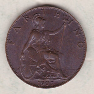 1907 bronze farthing coin featuring King Edward VII on the obverse. The reverse features Britannia with the denomination above and date below.