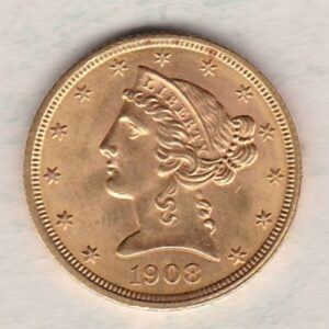 1908 USA Five Dollars coin struck in Philadelphia, the Coronet head design on the Obverse. The eagle on the Reverse. High Grade.