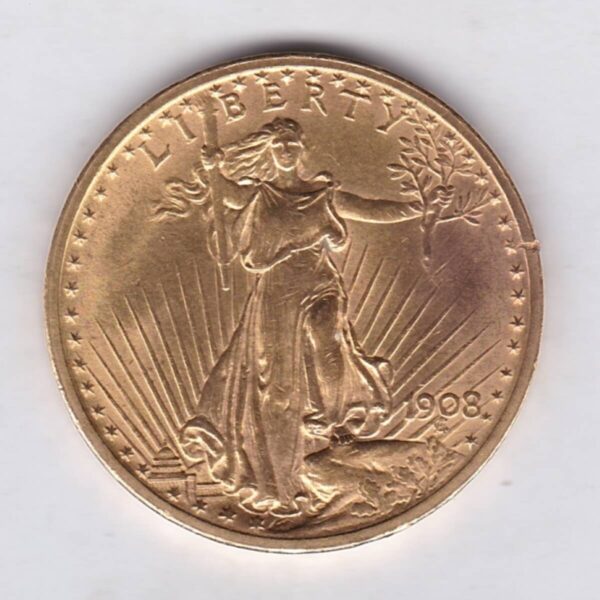 1908 USA Twenty Dollars coin featuring the Lady Liberty on the Obverse. The eagle in flight with sunshine in the background on the Reverse.