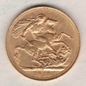 1913 S Gold Sovereign Coin. The coin features King George V on the Obverse. St George and the dragon on the reverse. The S Sydney, Australia Mintmark.