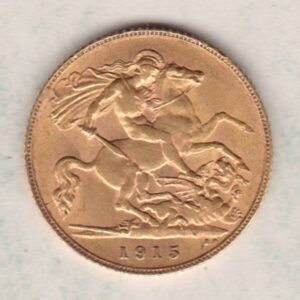 1915 Gold Half Sovereign coin featuring the portrait of King George V on the Obverse. St George and the dragon on the Reverse.