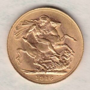 1916 P Gold Sovereign Coin. The coin features King George V on the Obverse. St George and the dragon on the reverse. The P - Perth, Australia mintmark.