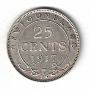 1917 C Newfoundland Canada Silver Twenty Five Cent Coin. The obverse side of the coin features King George V facing left. All coins are in stock.