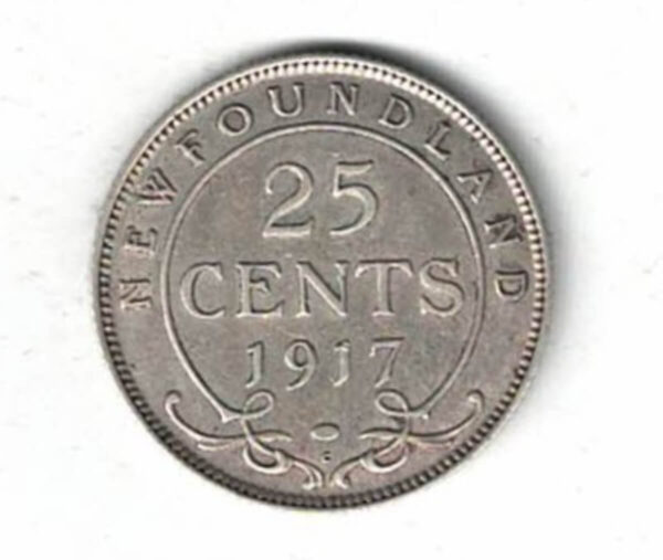 1917 C Newfoundland Canada Silver Twenty Five Cent Coin. The obverse side of the coin features King George V facing left. All coins are in stock.