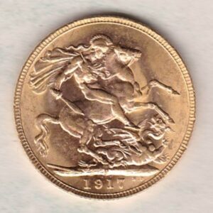 1917 P Gold Sovereign Coin. The coin features King George V on the Obverse. St George and the dragon on the reverse. The P - Perth, Australia mintmark.
