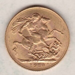 1918 I Gold Sovereign Coin. The coin features King George V on the Obverse. St George and the dragon on the reverse. The I Bombay, India Mintmark.