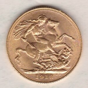1918 I Gold Sovereign Coin. The coin features King George V on the Obverse. St George and the dragon on the reverse. The I Bombay, India Mintmark.