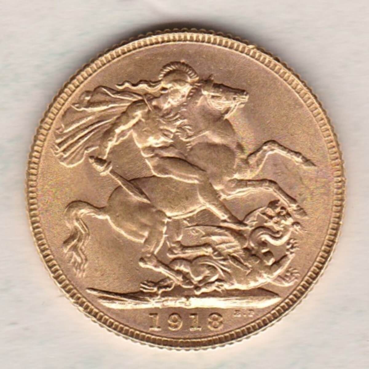 1918 I Gold Sovereign Coin. The coin features King George V on the Obverse. St George and the dragon on the reverse. The I Bombay, India Mintmark.