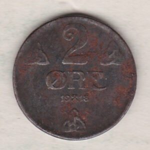 1918 Norway Iron Two Ore Coin. The obverse features the Crowned monogram of Haakon VII The reverse features the value and date in three lines.
