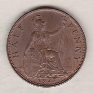 1927 Bronze Halfpenny coin featuring the portrait of King George V on the obverse. The reverse side of the coin depicts Britannia seated to the right.