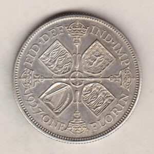 1927 Proof Silver Florin coin. The portrait of King George V on the Obverse. The cruciform crowned sceptres around central G on the reverse.