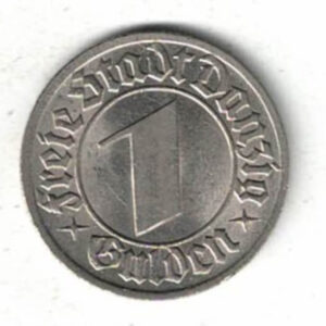 1932 Free City Of Danzig One Gulden Coin. The obverse features the value within circle. The reverse features the coat of arms with date..