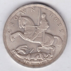 1935 Silver Crown Coin featuring the uncrowned portrait of King George V on the obverse. St. George slaying the dragon on the reverse.