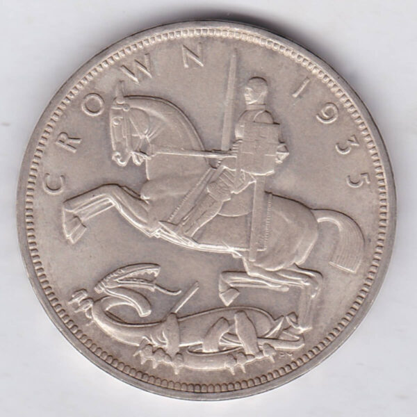 1935 Silver Crown Coin featuring the uncrowned portrait of King George V on the obverse. St. George slaying the dragon on the reverse.