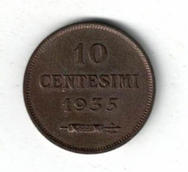 1935 R San Marino Bronze Ten Centesimi Coin. The obverse side of this coin features the arms of San Marino with mint mark.