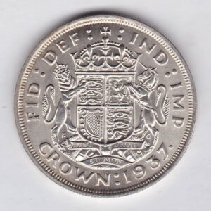 1937 Silver Crown Coin featuring the uncrowned portrait of King George VI on the obverse. A crowned quartered shield of arms on the reverse.
