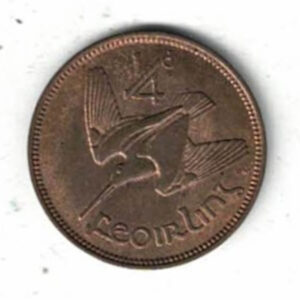 1940 Ireland Bronze Farthing Coin. The obverse features a Gaelic harp. The reverse features a woodcock bird inflight. All coins are in stock.