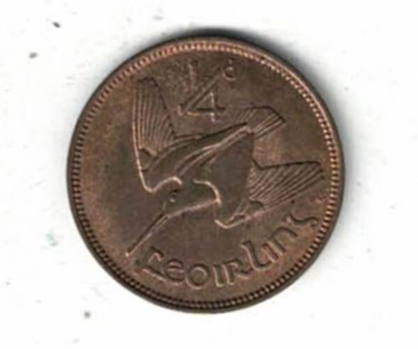 1940 Ireland Bronze Farthing Coin. The obverse features a Gaelic harp. The reverse features a woodcock bird inflight. All coins are in stock.