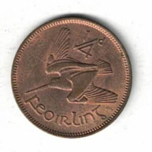 1943 Ireland Bronze Farthing Coin. The obverse features a Gaelic harp. The reverse features a woodcock bird inflight. All coins are in stock.