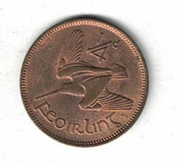 1943 Ireland Bronze Farthing Coin. The obverse features a Gaelic harp. The reverse features a woodcock bird inflight. All coins are in stock.