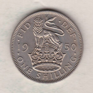 1950 proof English shilling cupro nickel coin featuring King George VI on the Obverse. The crowned English lion appears on the Reverse.